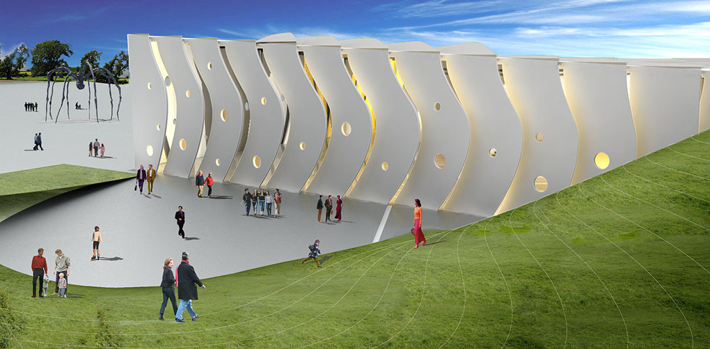 Public courtyard landscape leading to landscape roof.